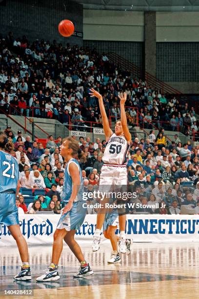 The University of Connecticut's Rebecca Lobo shoots a jumpshot against the University of Rhode Island, Gampel Pavilion, Storrs, CT, 1995.