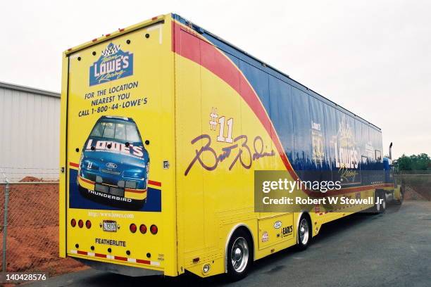 Inside this 18 wheeler, Nascar driver Brett Bodine of Lowe's Racing, is well equipped to hit the racing circuit, Charlotte, NC, 1998. The truck...