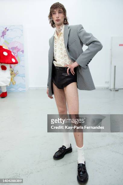 Model poses backstage prior to the Egonlab. Menswear Spring Summer 2023 show as part of Paris Fashion Week on June 21, 2022 in Paris, France.