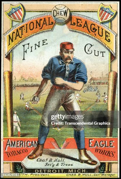 National League Chew tobacco naturally uses a baseball to sell the product, with this trade card printed in Detroit, Michigan, circa 1880 .
