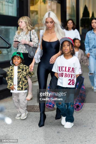 Psalm West, Kim Kardashian and Saint West are seen in SoHo on June 21, 2022 in New York City.