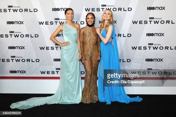 Angela Sarafyan, Tessa Thompson and Evan Rachel Wood attend HBO's "Westworld" Season 4 premiere at Alice Tully Hall, Lincoln Center on June 21, 2022...