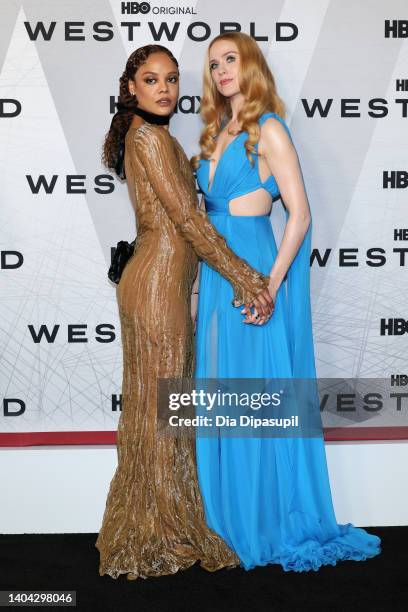 Tessa Thompson and Evan Rachel Wood attend HBO's "Westworld" Season 4 premiere at Alice Tully Hall, Lincoln Center on June 21, 2022 in New York City.