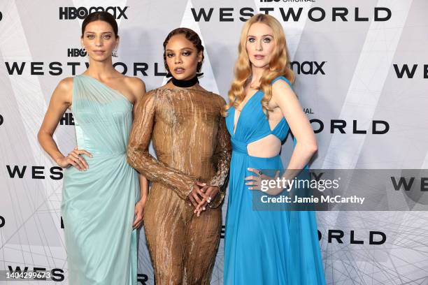 Angela Sarafyan, Tessa Thompson, and Evan Rachel Wood attend HBO's "Westworld" Season 4 premiere at Alice Tully Hall, Lincoln Center on June 21, 2022...