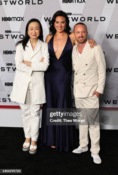 Min Jin Lee, Lisa Joy and Aaron Paul attend HBO's "Westworld" Season 4 premiere at Alice Tully Hall, Lincoln Center on June 21, 2022 in New York City.