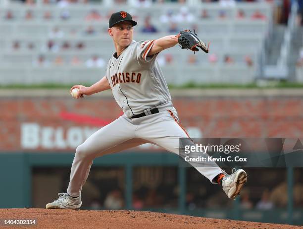 Anthony DeScLafani of the San Francisco Giants pitches in the first inning against the Atlanta Braves at Truist Park on June 21, 2022 in Atlanta,...