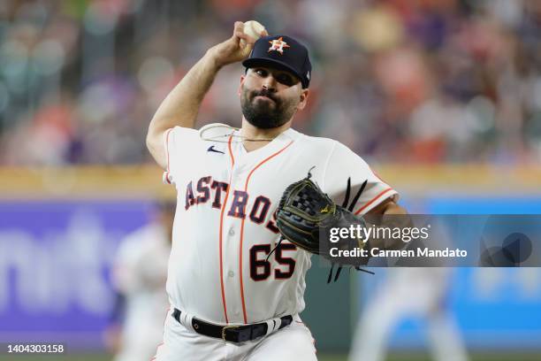 Jose Urquidy of the Houston Astros pitches during the first inning against the New York Mets at Minute Maid Park on June 21, 2022 in Houston, Texas.