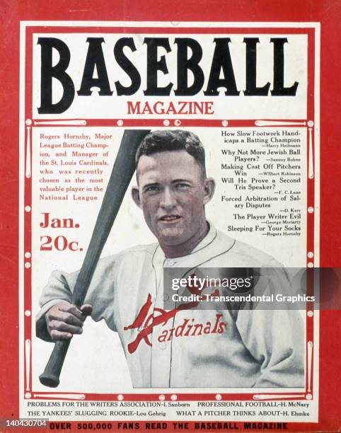 Batting Champion and recently elected MVP Rogers Hornsby of the St. Louis Cardinals is the cover boy for Baseball Magazine published in New York City...