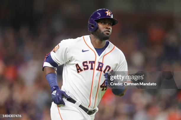 Yordan Alvarez of the Houston Astros hits a two run home run during the third inning against the New York Mets at Minute Maid Park on June 21, 2022...
