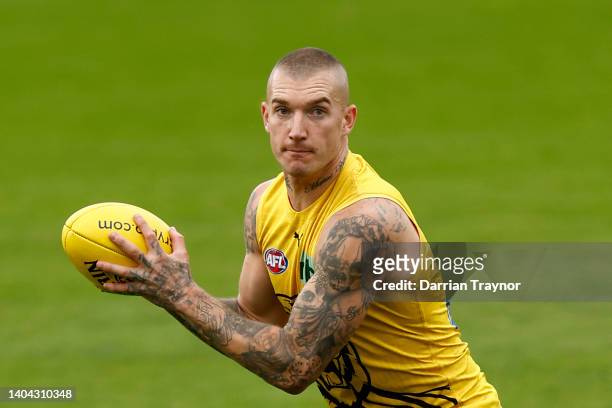 Dustin Martin of the Tigers takes part during a Richmond Tigers AFL training session at Punt Road Oval on June 22, 2022 in Melbourne, Australia.
