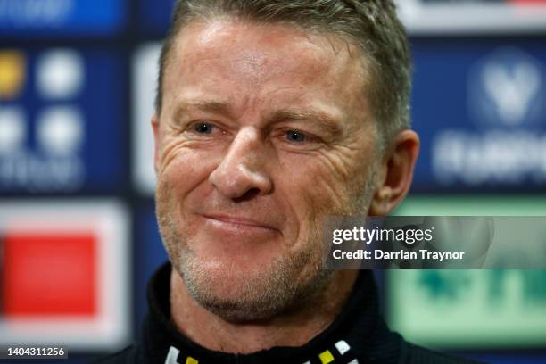 Richmond senior coach, Damien Hardwick speaks with the media before a Richmond Tigers AFL training session at Punt Road Oval on June 22, 2022 in...