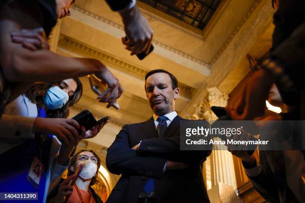 Sen. Chris Murphy speaks to reporters outside of the Senate Chambers of the U.S. Capitol on June 21, 2022 in Washington, DC. The bipartisan group of...