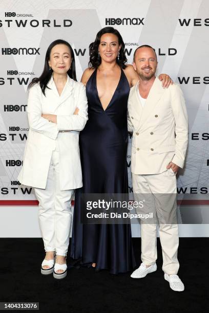 Min Jin Lee, Lisa Joy, and Aaron Paul attend HBO's "Westworld" Season 4 premiere at Alice Tully Hall, Lincoln Center on June 21, 2022 in New York...