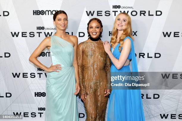 Angela Sarafyan, Tessa Thompson, and Evan Rachel Wood attend HBO's "Westworld" Season 4 premiere at Alice Tully Hall, Lincoln Center on June 21, 2022...