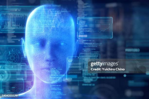 artificial intelligence hologram robot - kopf an kopf stock-fotos und bilder