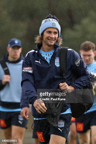 Nicho Hynes arrives for training during a New South Wales Blues State of Origin training session at Hale School on June 22, 2022 in Perth, Australia.