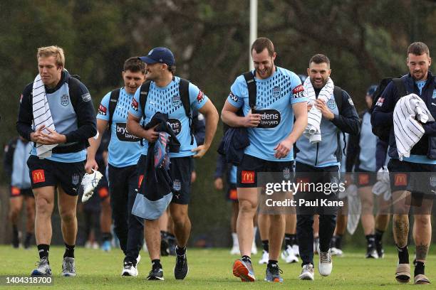 Jake Trbojevic, Nathan Cleary , Isaah Yeo and James Tedesco arrive during a New South Wales Blues State of Origin training session at Hale School on...