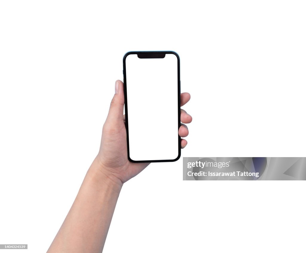 Close up hand hold phone isolated on white background