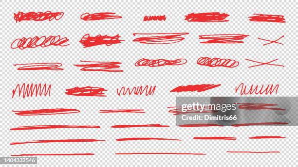 roter stift sammlung von handgezeichneten linien, unterstrichen und kritzeleien. - überqueren stock-grafiken, -clipart, -cartoons und -symbole