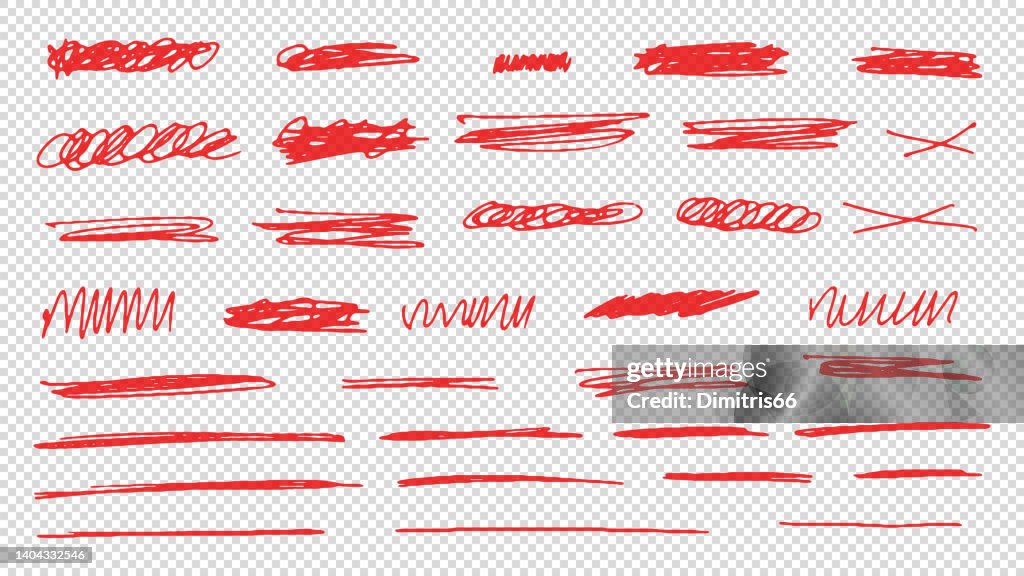 Collezione di penne rosse di linee disegnate a mano, tratti di sottolineatura e scarabocchi.