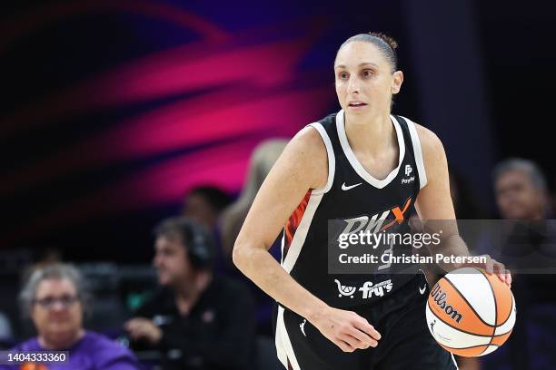 Diana Taurasi of the Phoenix Mercury handles the ball during the second half of the WNBA game at Footprint Center on June 21, 2022 in Phoenix,...