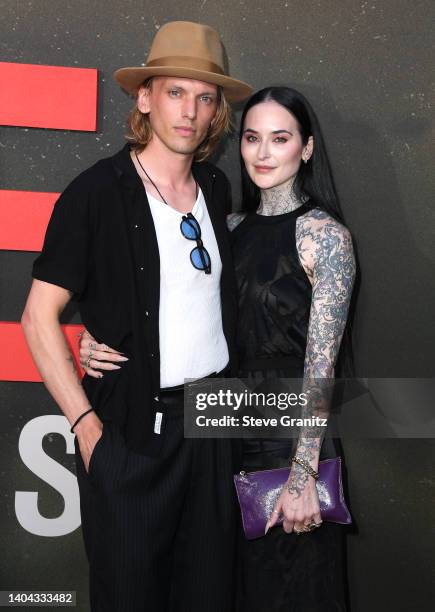 Jamie Campbell Bower arrives at the Universal Pictures' "The Black Phone" Los Angeles Premiere on June 21, 2022 in Hollywood, California.