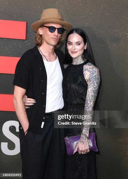 Jamie Campbell Bower arrives at the Universal Pictures' "The Black Phone" Los Angeles Premiere on June 21, 2022 in Hollywood, California.