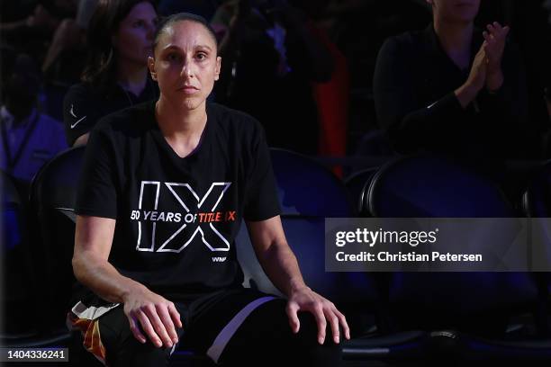 Diana Taurasi of the Phoenix Mercury is introduced before the WNBA game against the Minnesota Lynx at Footprint Center on June 21, 2022 in Phoenix,...