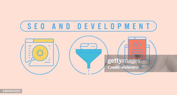 triple icon pack of search engine optimization and development line set - phone app developer stock illustrations