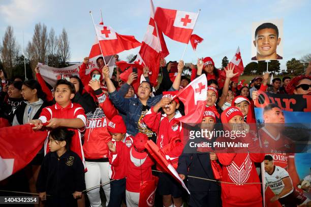 Tonga fans celebrateduring a media opportunity ahead of the International Rugby League test Match between New Zealand and Tonga, at Otahuhu Rugby...