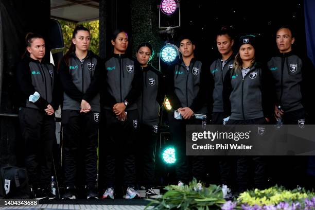 The Kiwi Ferns stand on stage and meet fans during a media opportunity ahead of the International Rugby League test Match between New Zealand and...