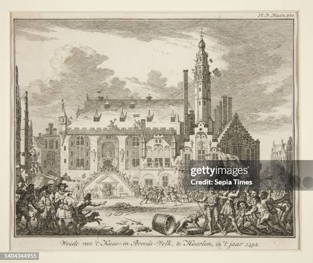 Simon Fokke, Dutch, 1712–1784, Woede van’t kaas-en Broods-Volk, te Haarlem, in’t jaar 1492, Engraving, platemark: 17.2 × 20.7 cm , Made in The...