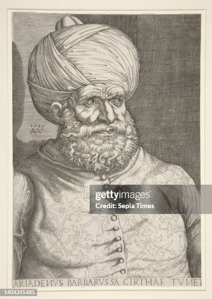 Agostino Musi, called Veneziano, Italian, ca. 1490–after 1536, Barbarossa, Kair-ed-Din, Bey of Algiers, Engraving, 42 × 29.3 cm , Made in Italy,...