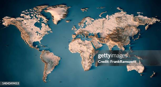 weltkarte topographische karte dunkler ozean neutral - amerikanische kontinente und regionen stock-fotos und bilder