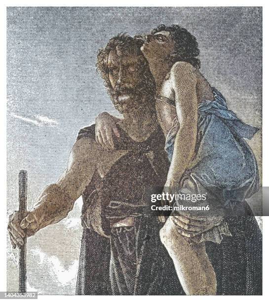 old engraving illustration of byzantine roman general belisarius, who is blind, carrying his guide who has been bitten by a snake - blind white background stock pictures, royalty-free photos & images