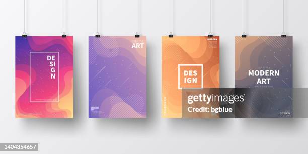 posters with colorful geometric and fluid designs, isolated on white background - binder clip vector stock illustrations