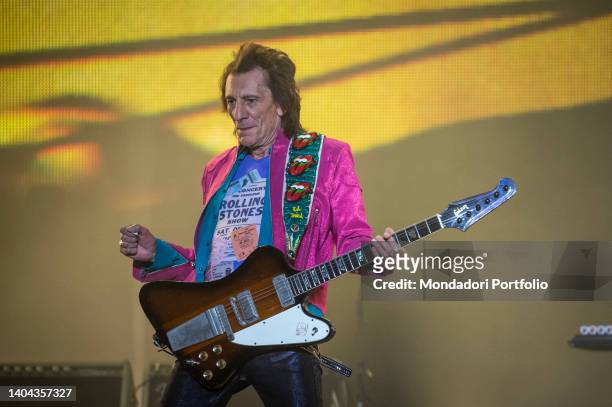 The English guitarist Ronnie Wood of the band The Rolling Stones performs on the stage of San Siro in Milan 21st June 2022.