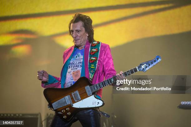 The English guitarist Ronnie Wood of the band The Rolling Stones performs on the stage of San Siro in Milan 21st June 2022.