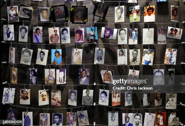 Photographs of victims on display at the Kigali Memorial for Victims of the 1994 Rwandan genocide on June 22, 2022 in Kigali, Rwanda. Prince Charles,...