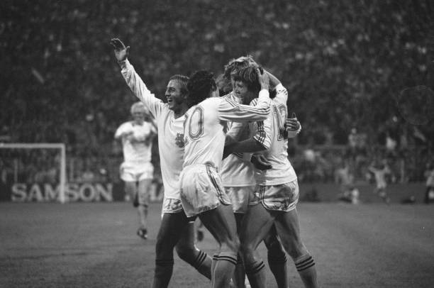 World Cup 74 Netherlands v Brazil 2-0, embraces after second goal, including Krol and Neeskens, July 3 sports, soccer, The Netherlands, 20th century...