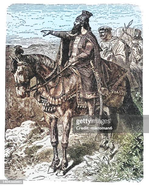 old engraved illustration of cyrus the great, cyrus ii of persia, founder of the achaemenid empire, the first persian empire - cultura persa fotografías e imágenes de stock