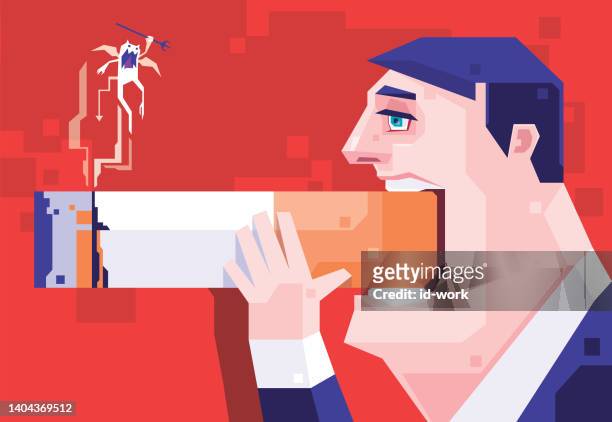 ilustraciones, imágenes clip art, dibujos animados e iconos de stock de hombre fumando cigarrillo y conociendo al diablo - fumar