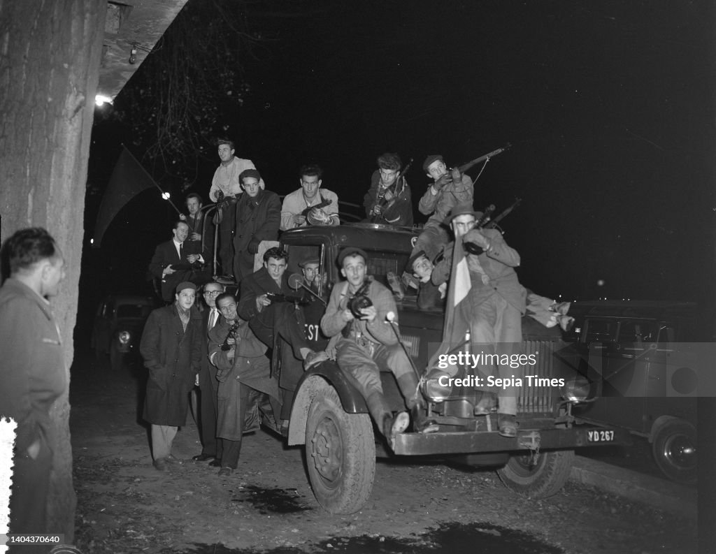 Last photos from Budapest. Resistance fighters with truck on patrol at night, November 2, 1956, trucks, The Netherlands, 20th century press agency photo, news to remember, documentary, historic photography 1945-1990, visual stories, human history of the T