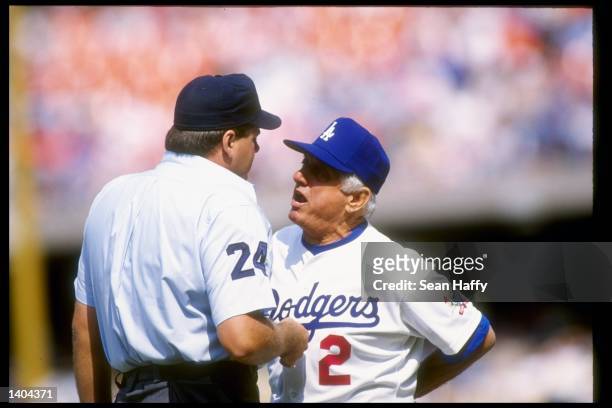 Los Angeles Dodgers manager Tommy Lasorda argues with an official during a game at Dodger Stadium in Los Angeles, California. Mandatory Credit: Sean...