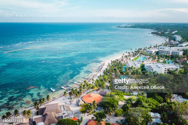aerial view of the akumal bay in quintana roo, mexico. caribbean sea, coral reef, top view. beautiful tropical paradise beach - méxico stock pictures, royalty-free photos & images