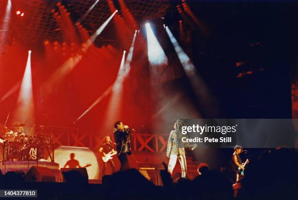 Jon Farriss, Gary Garry Beers, Andrew Farriss, Michael Hutchence and Tim Farriss of INXS perform on stage at Wembley Stadium on July 13th, 1991 in...