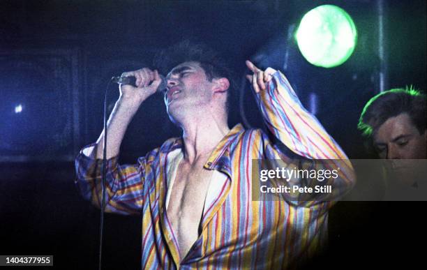 Morrissey of The Smiths performs on stage at Hammersmith Palais, on March 12th, 1984 in London, England.