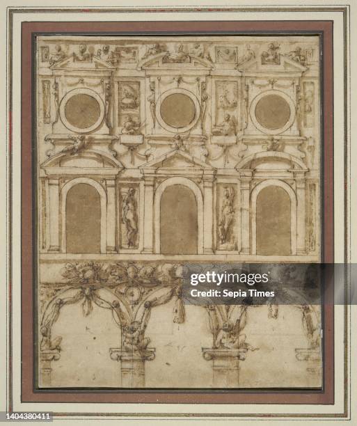 Giorgio Vasari, Italian, 1511–1574, Artist, attributed to: Vincenzo Borghini, Italian, 1515–1580, Design for a temporary decoration of the East wall...