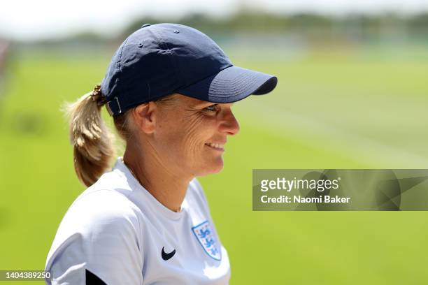 Sarina Wiegman, Manager of England looks on during an England women Training session at St George's Park on June 21, 2022 in Burton upon Trent,...
