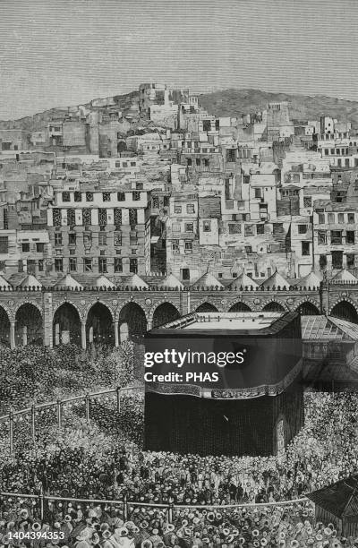 Saudi Arabia, Mecca. General view of the city. In the centre of al-Masjid al-Haram Mosque, the Kaaba, which houses the 'Black Stone. Engraving....